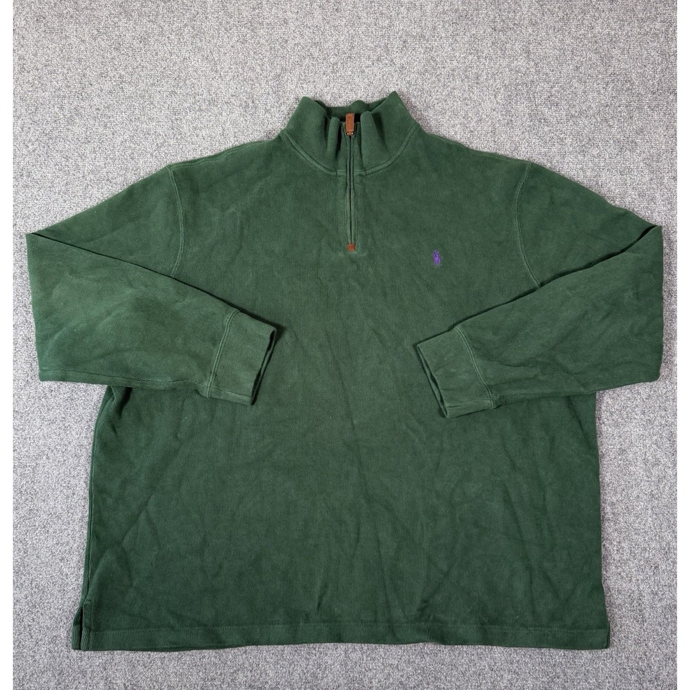 Polo Ralph Lauren Mens XXL Green Quarter Zip Rib Knit Cotton Sweater Pony‎
